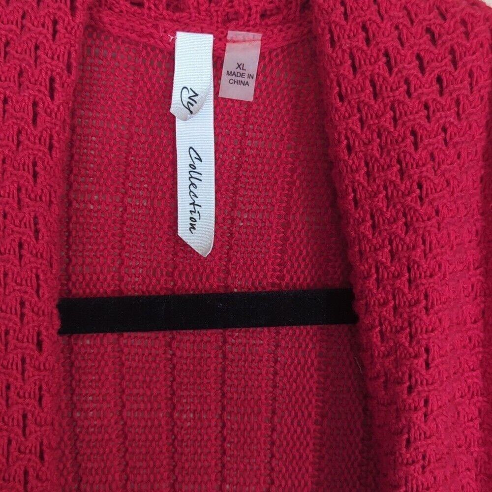 NY Collection Womens SZ XL Long Red Open Front Crotchet Cardigan Sweater - Picture 3 of 9
